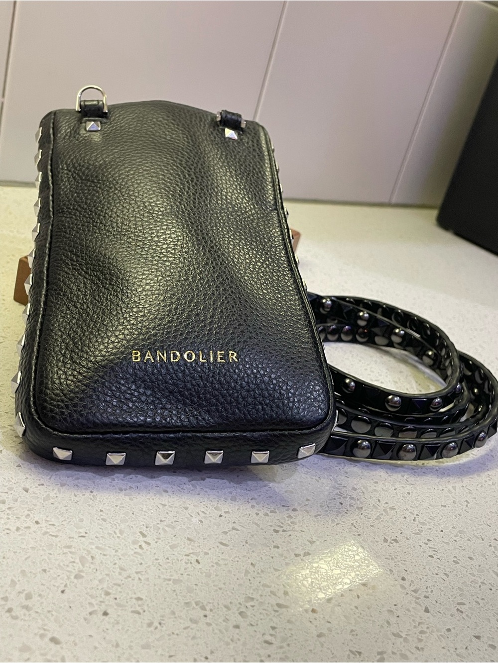 Bandolier Black Studded Leather Crossbody mini bag purse cell phone case - Picture 2 of 16